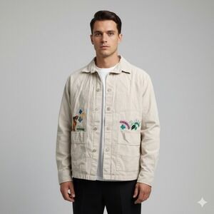 PASDEMER Italia Embroidered Chore Bug‎ Shirt Mens Size S Beige Button Up